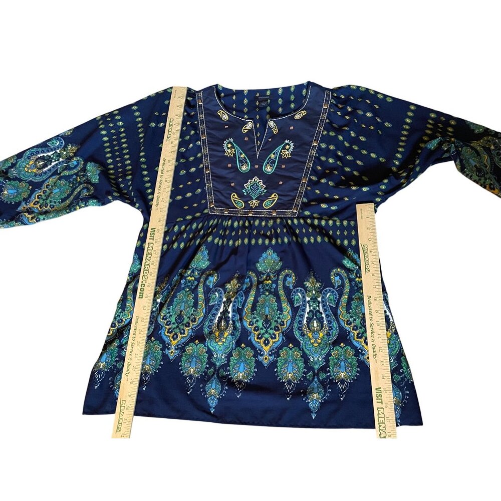 Westbound Womens XL Boho Embroidered V-Neck Pullover Blouse  Navy/Green Sequins - Picture 11 of 15
